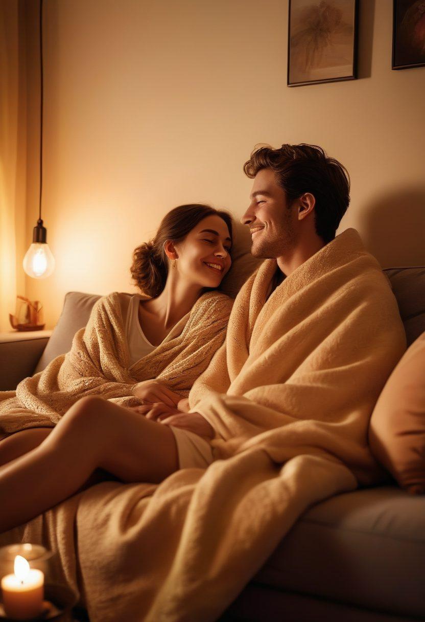 A warm and inviting scene depicting two people sitting close together, sharing a heartfelt conversation surrounded by soft candlelight, cozy blankets, and comfortable cushions. Incorporate subtle heart shapes in the background and soft, glowing light to enhance the atmosphere of intimacy and connection. Capture the essence of emotional bonding through their joyful expressions. super-realistic. warm colors. cozy ambiance.