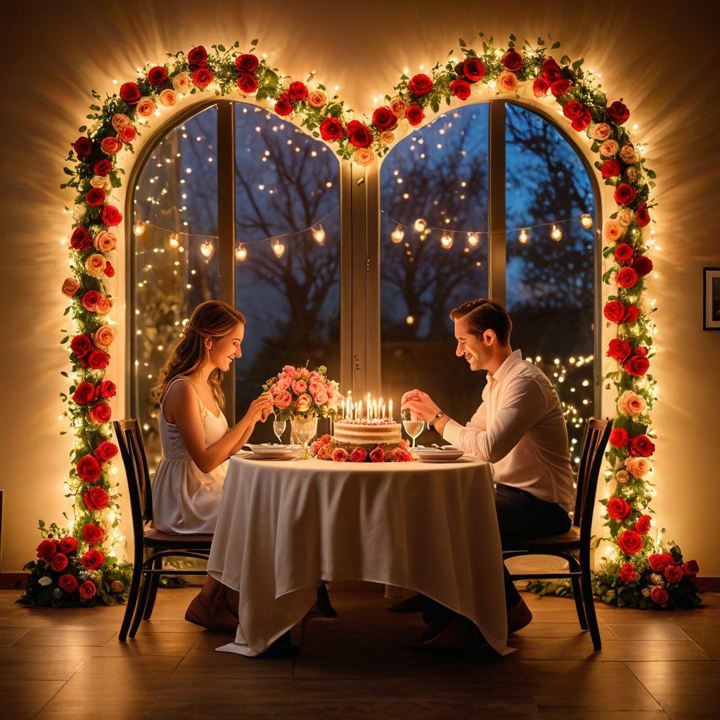 A cozy candlelit dinner setup with a beautifully arranged table, featuring a heart-shaped cake and blooming roses, illuminated by soft fairy lights. In the background, a couple sharing a loving moment, holding hands and smiling at each other, conveying warmth and intimacy. The scene should evoke the essence of romance and connection. vibrant colors. super-realistic. warm lighting.