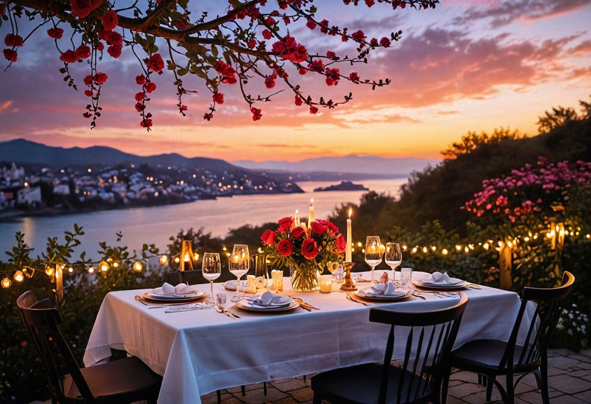 A cozy candlelit dinner table set for two, adorned with elegant tableware and a bouquet of red roses, surrounded by soft, glowing fairy lights. Include a gentle breeze swaying pink cherry blossoms overhead and a romantic sunset view in the background, evoking warmth and intimacy. super-realistic. vibrant colors. soft focus.
